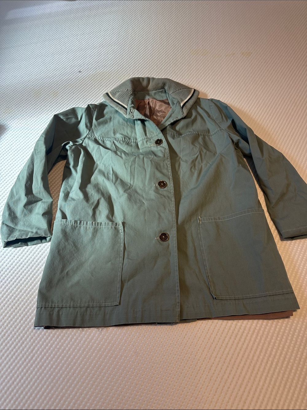 Vintage 60s Sage Green Cotton Car Voat Topper Jacket w/Striped Knit Collar